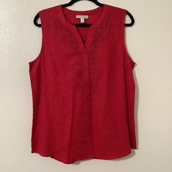 Dana Buchman Red Western Linen Blend Cowboy Prairie Sleeveless Button Up Shirt L - Picture 1 of 8